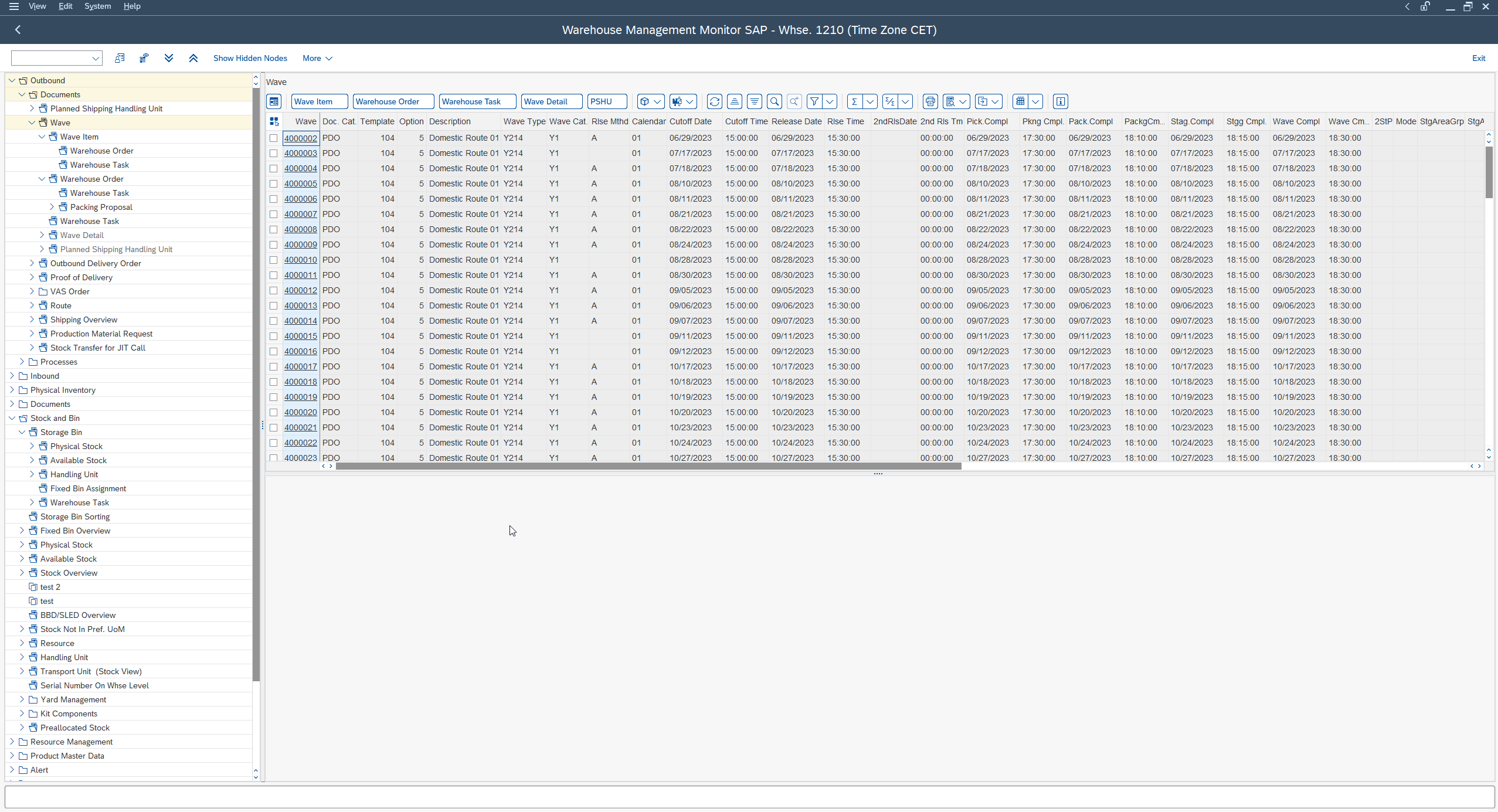 List of picking waves in the SAP EWM monitor, from which you select the wave to release