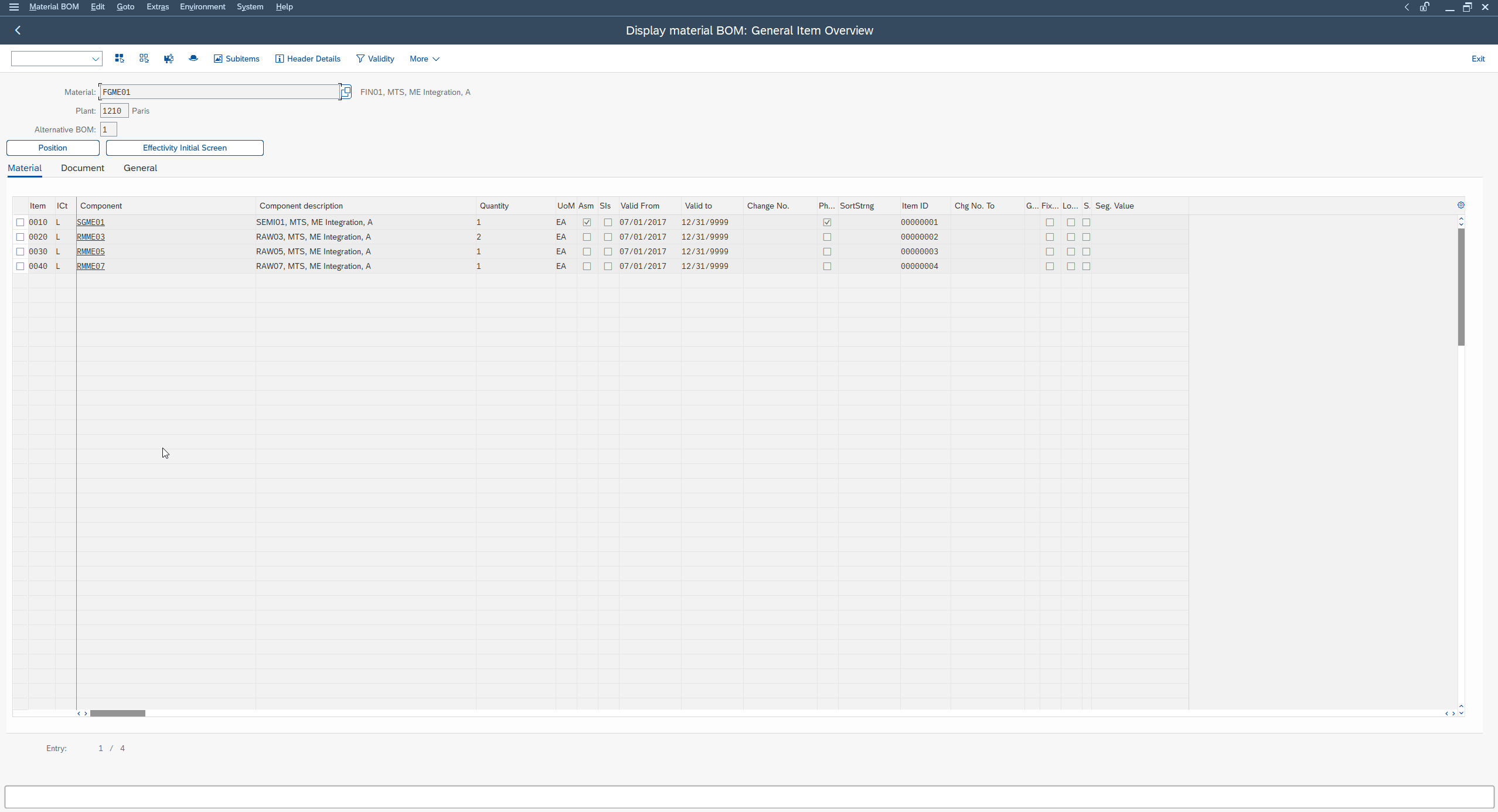 SAP CS03 display BOM screen with its components, quantities and units of measure