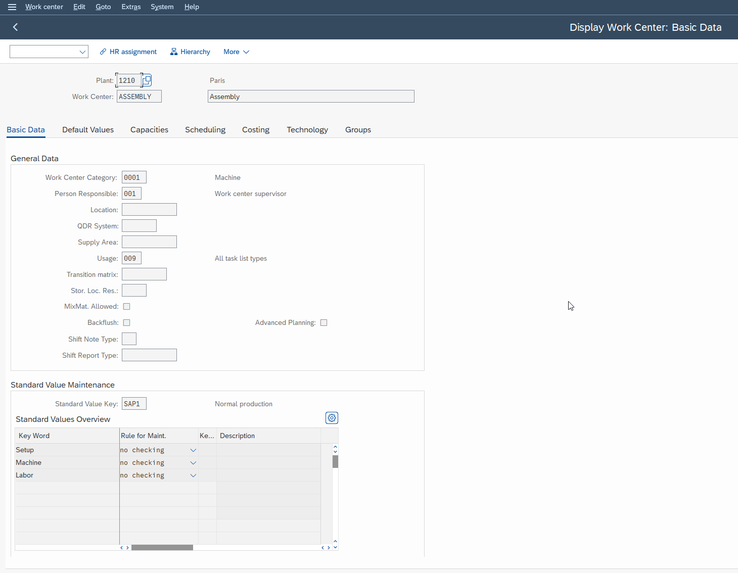 SAP CR03 display work center screen, Basic Data tab with category and standard value key