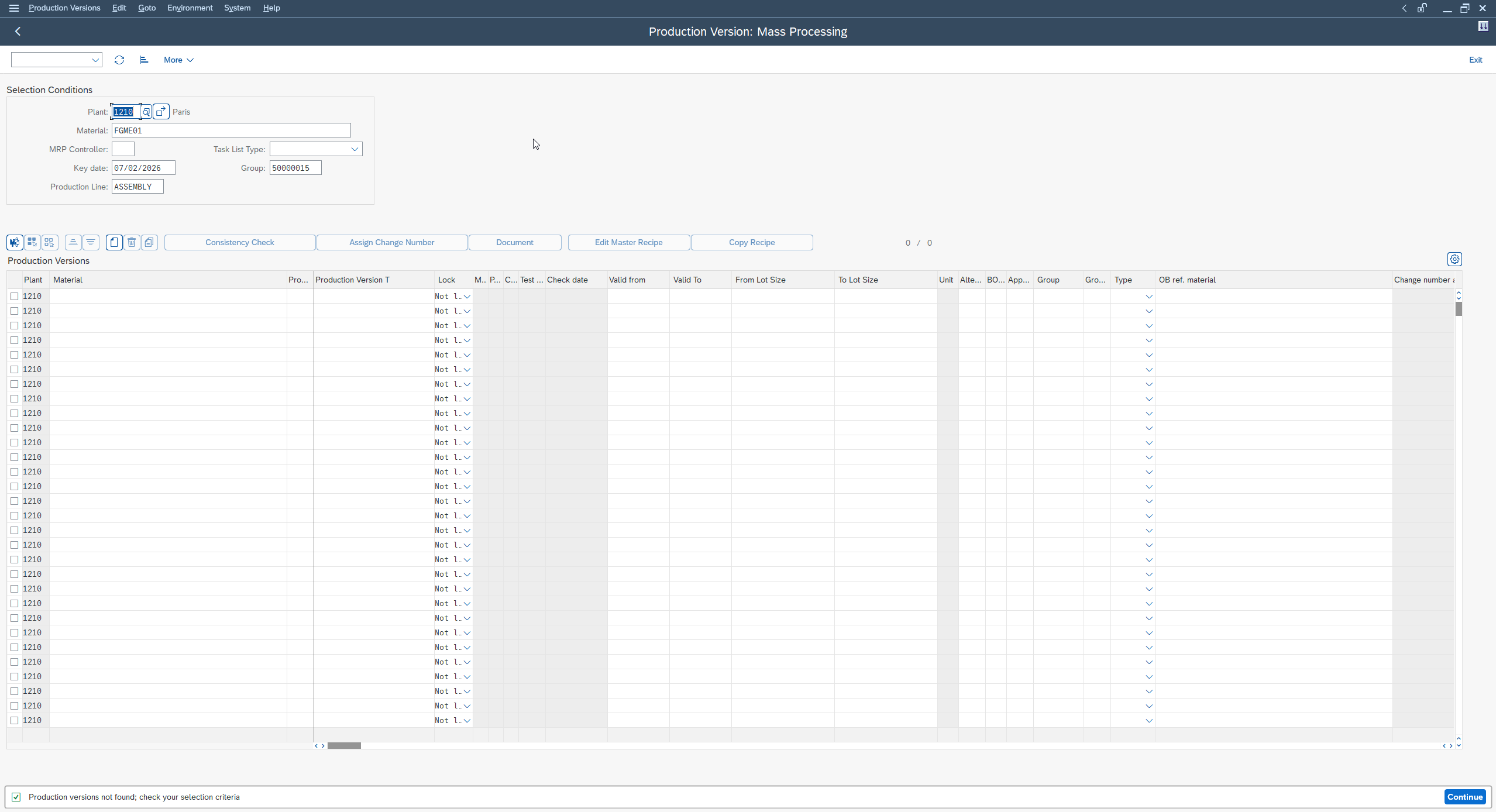 SAP C223 production version maintenance screen: plant, material, routing group and production line selection